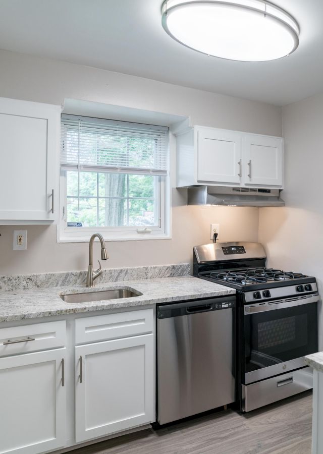 Modern kitchen with white cabinets, a sink, dishwasher, gas stove, and a window above the countertop.