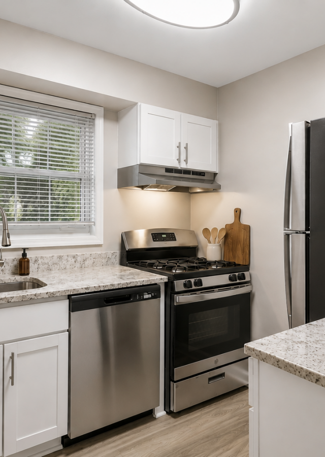 Modern kitchen with white cabinets, stainless steel appliances, a window over the sink, and a bowl of green apples on the counter.