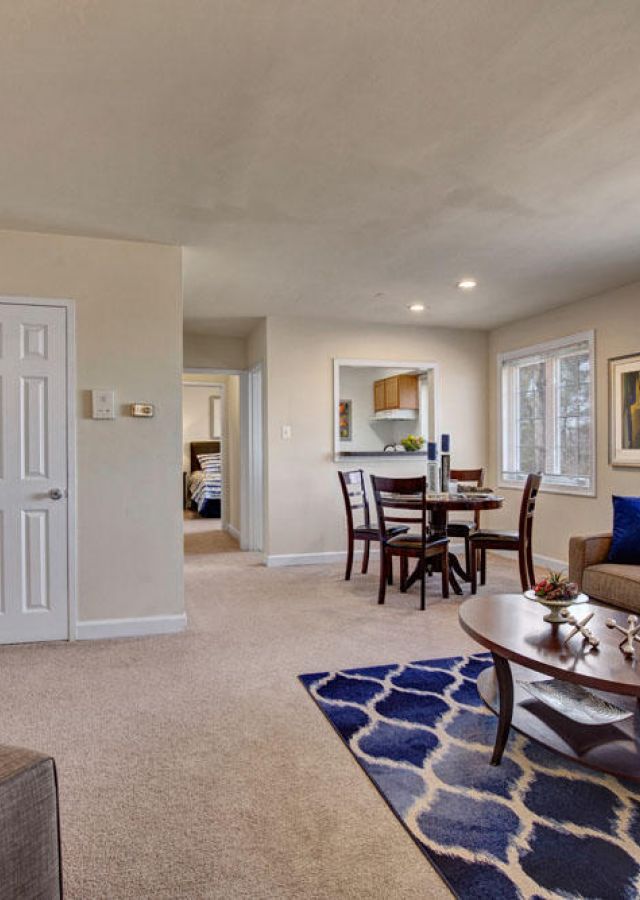 Bright living room with beige walls, sofa, armchair, TV, and dining area, accented with blue decor.