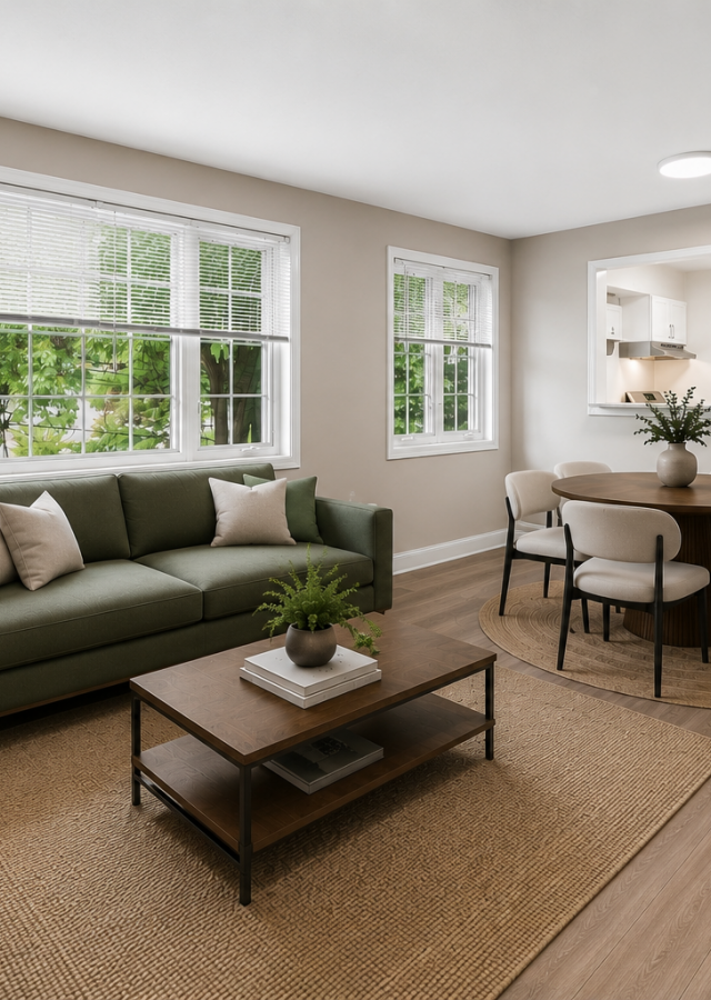 Modern living room with green sofa, round dining table, large windows, wood floors, and neutral decor.