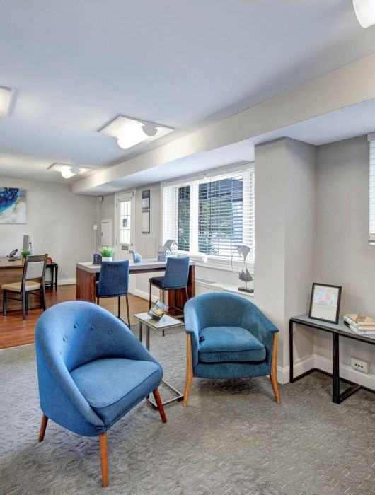 Modern office with blue chairs, a desk area, large windows, and artwork on the wall.