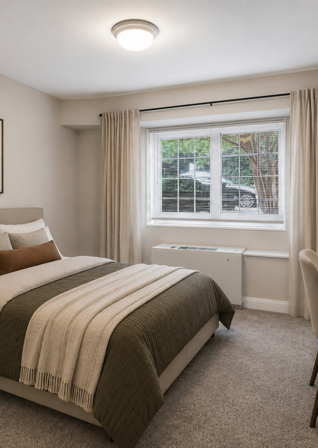 A cozy bedroom with a made bed, desk, chair, lamp, window with curtains, and wall art above the bed.