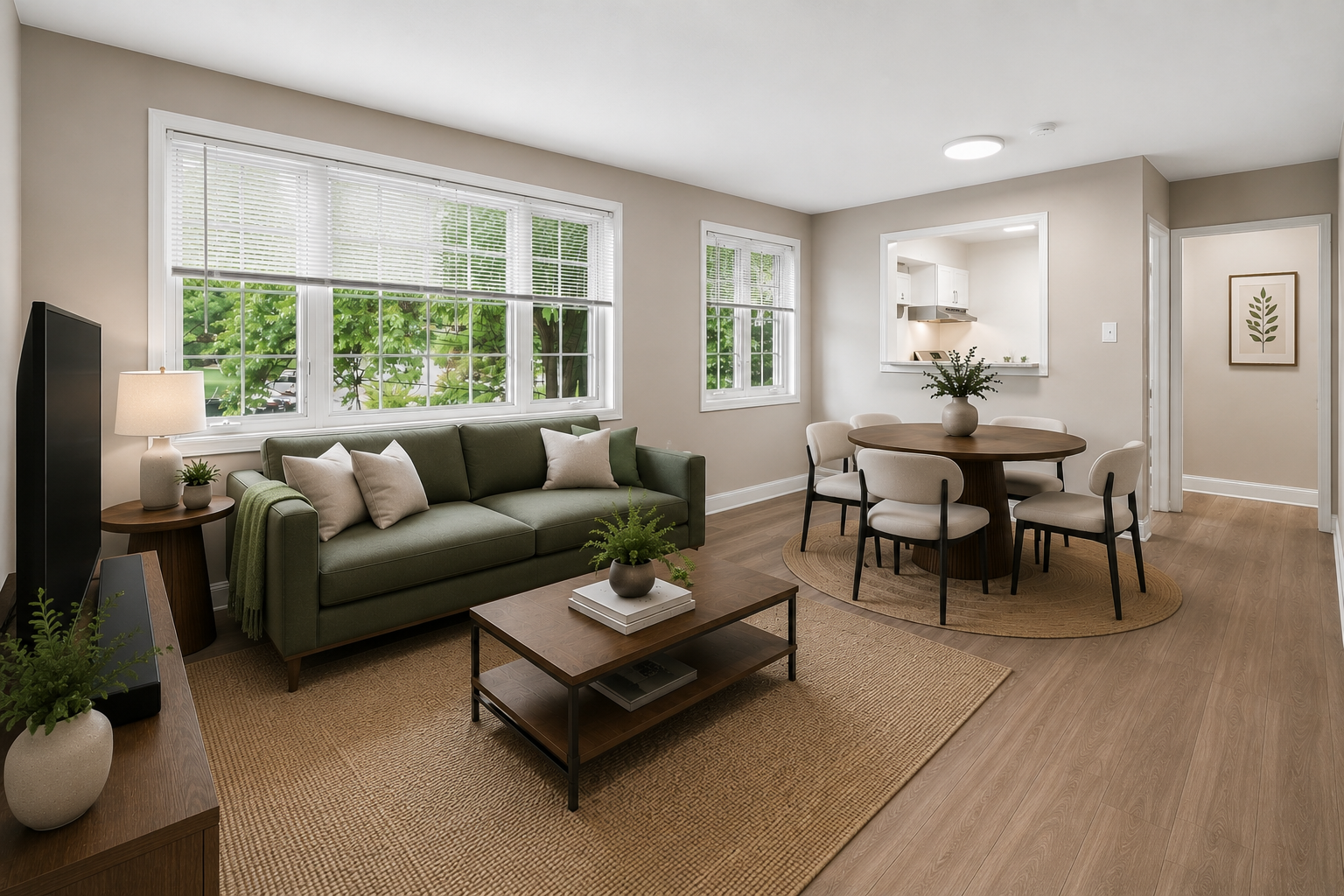 Modern living room with green sofa, round dining table, large windows, wood floors, and neutral decor.